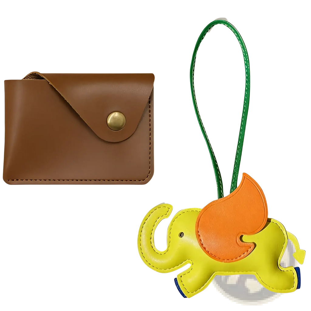 Yellow and orange leather elephant keychain with green strap from leather elephant bag charm and slim card holder set