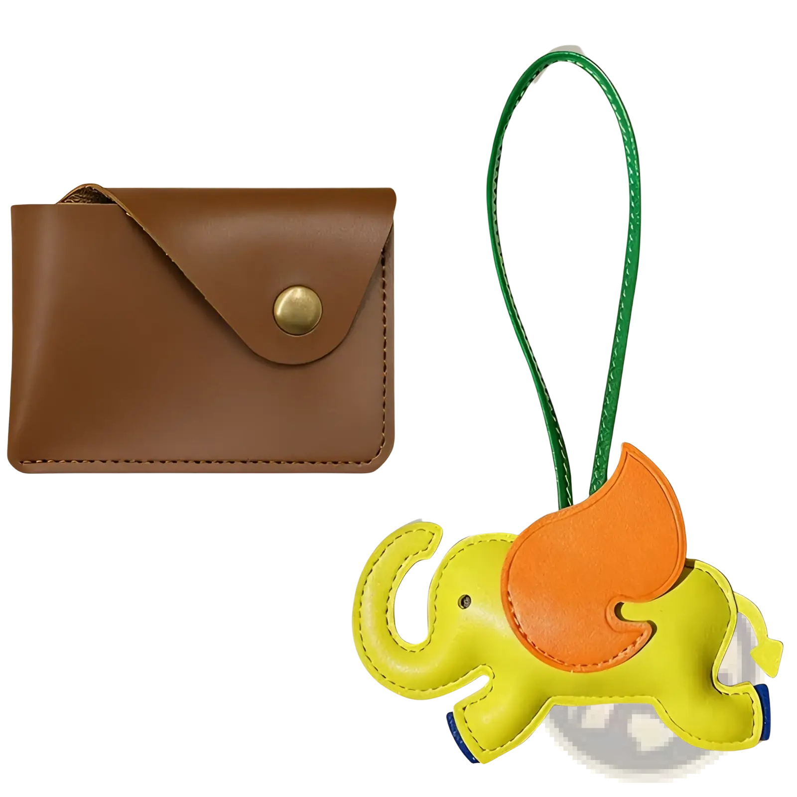Yellow and orange leather elephant keychain with green strap from leather elephant bag charm and slim card holder set