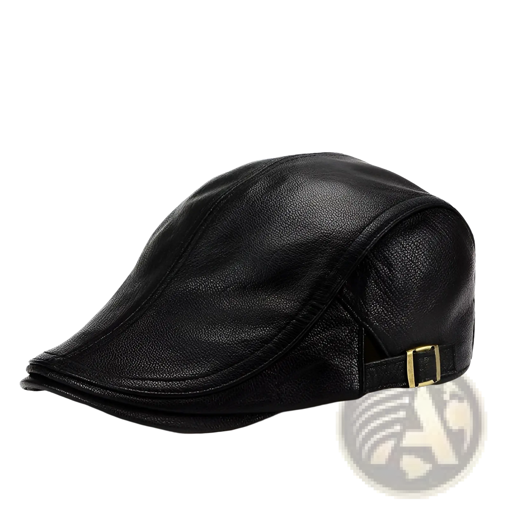Black leather flat cap with gold-tone buckle on the side warm winter hat for men