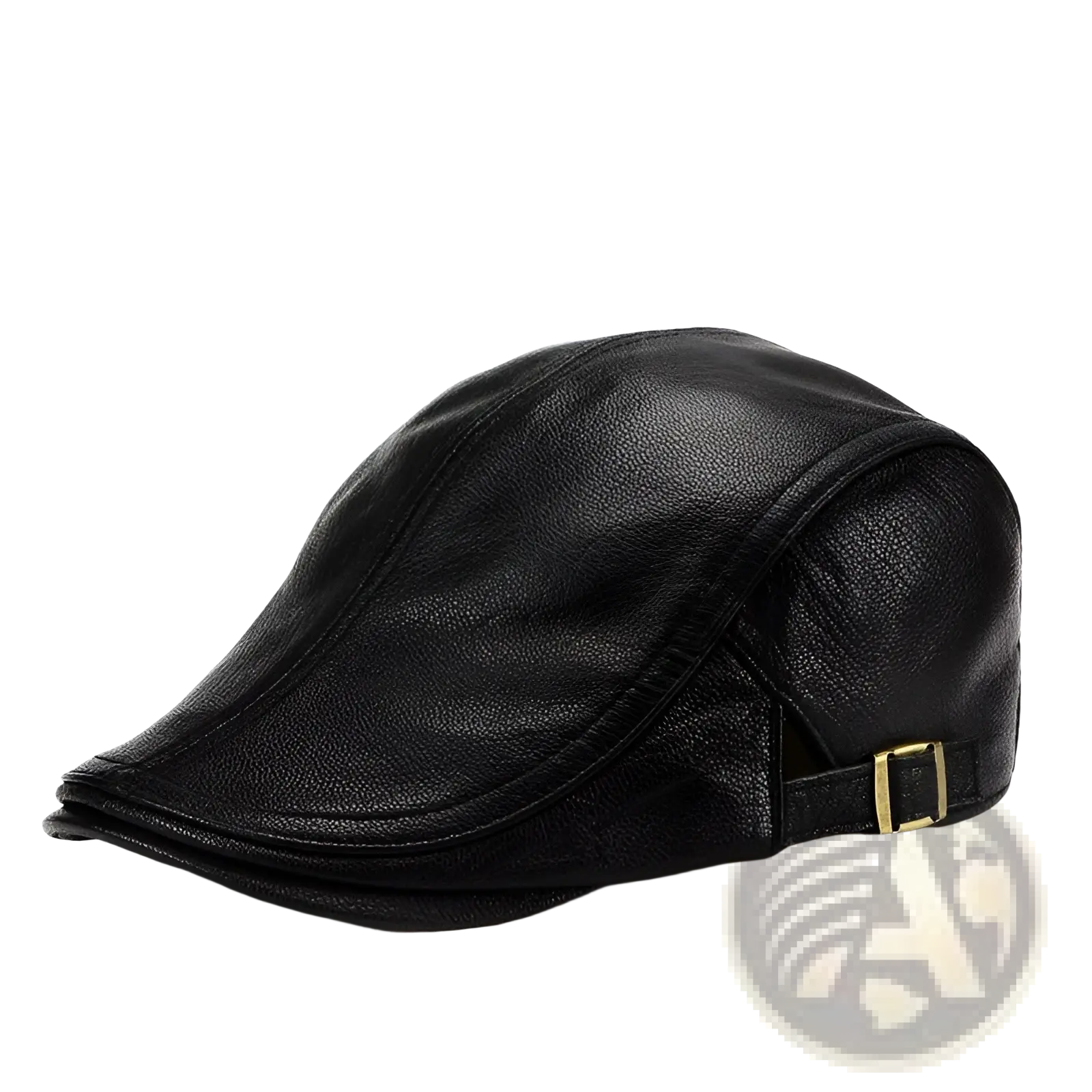 Black leather flat cap for men with a gold-tone buckle on the side warm winter hat