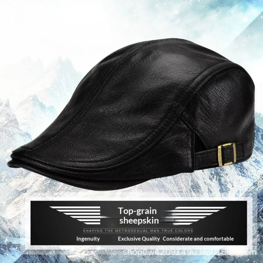 Black top-grain sheepskin leather flat cap for men with gold-tone buckle warm winter hat