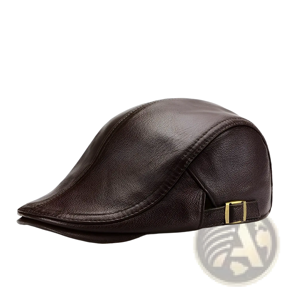 Brown leather flat cap for men with a gold-toned buckle, designed as a warm winter hat