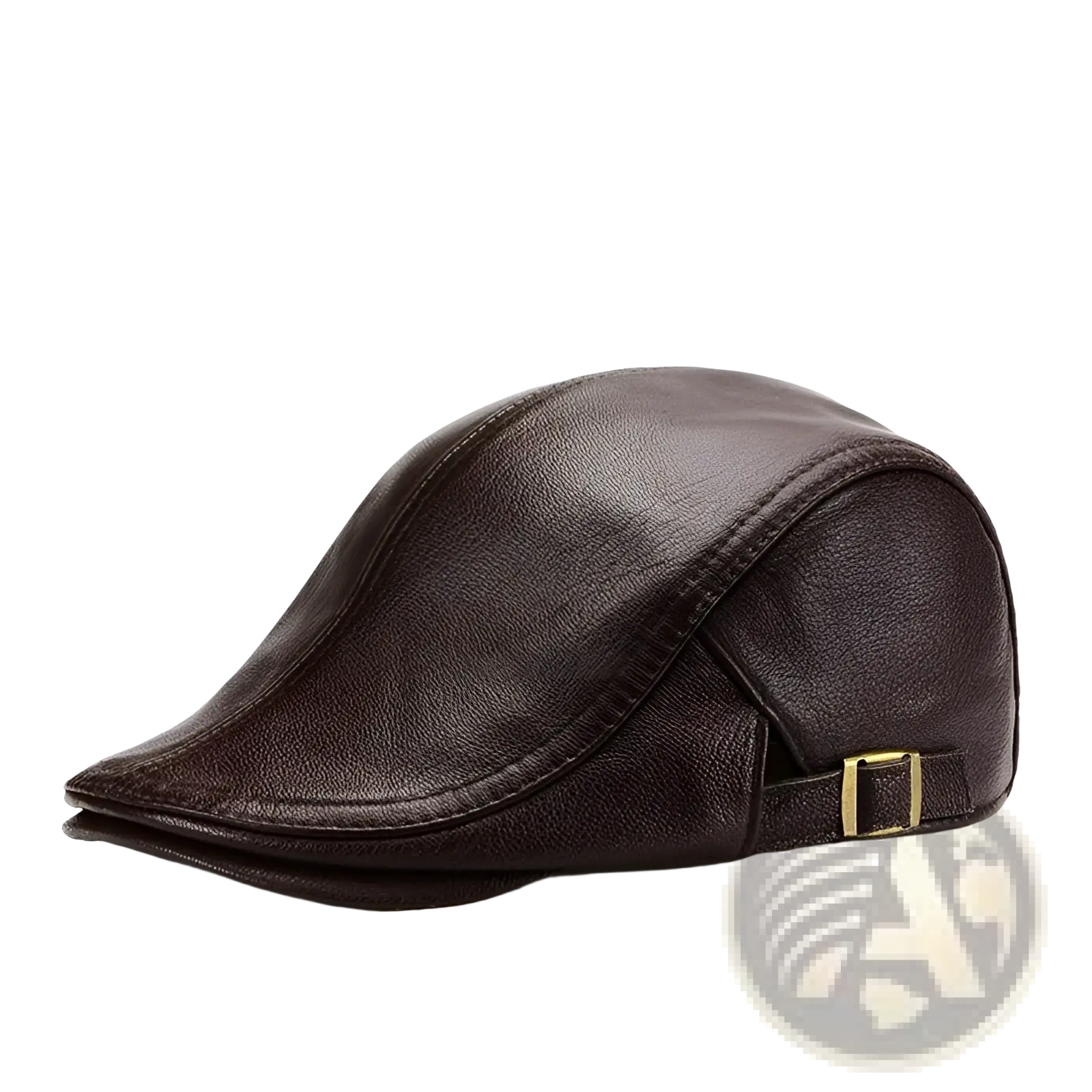 Brown leather flat cap for men with a gold-toned buckle, designed as a warm winter hat