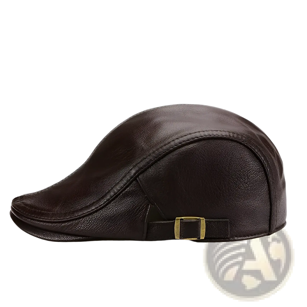 Brown leather flat cap for men with a gold-toned buckle at the back warm winter hat design