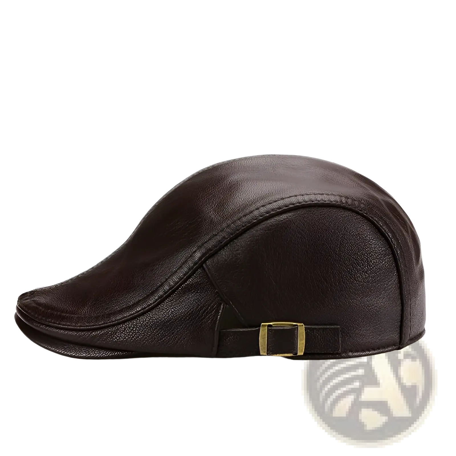 Brown leather flat cap for men with a gold-toned buckle at the back warm winter hat design