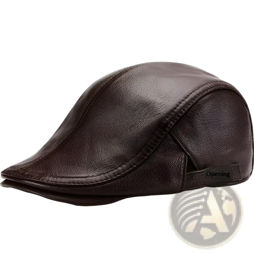 Dark brown leather flat cap for men with classic curved brim and visible stitching warm winter hat