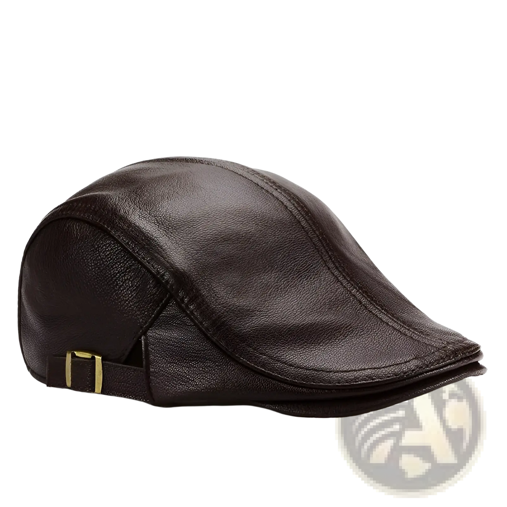Dark brown leather flat cap for men with a gold-toned buckle designed as a warm winter hat