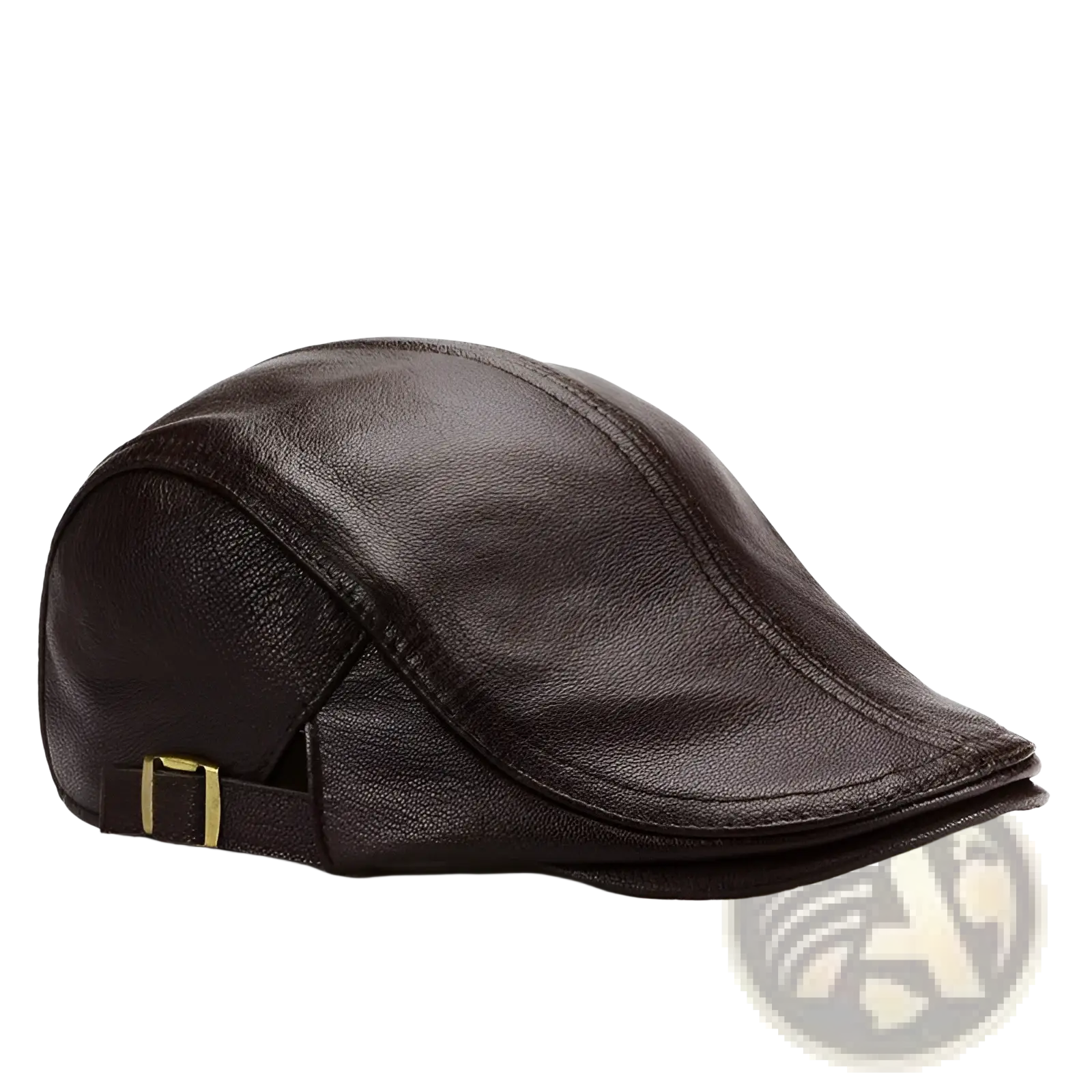 Dark brown leather flat cap for men with a gold-toned buckle designed as a warm winter hat
