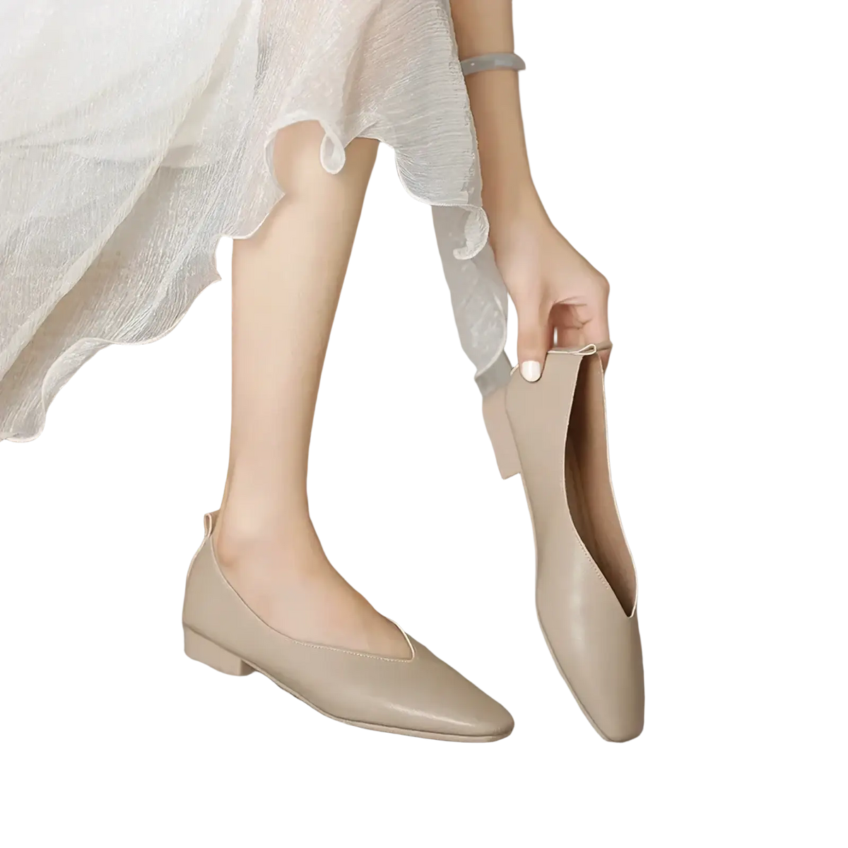 Beige leather flat shoes for women with pointed toe slip on design and low casual heel