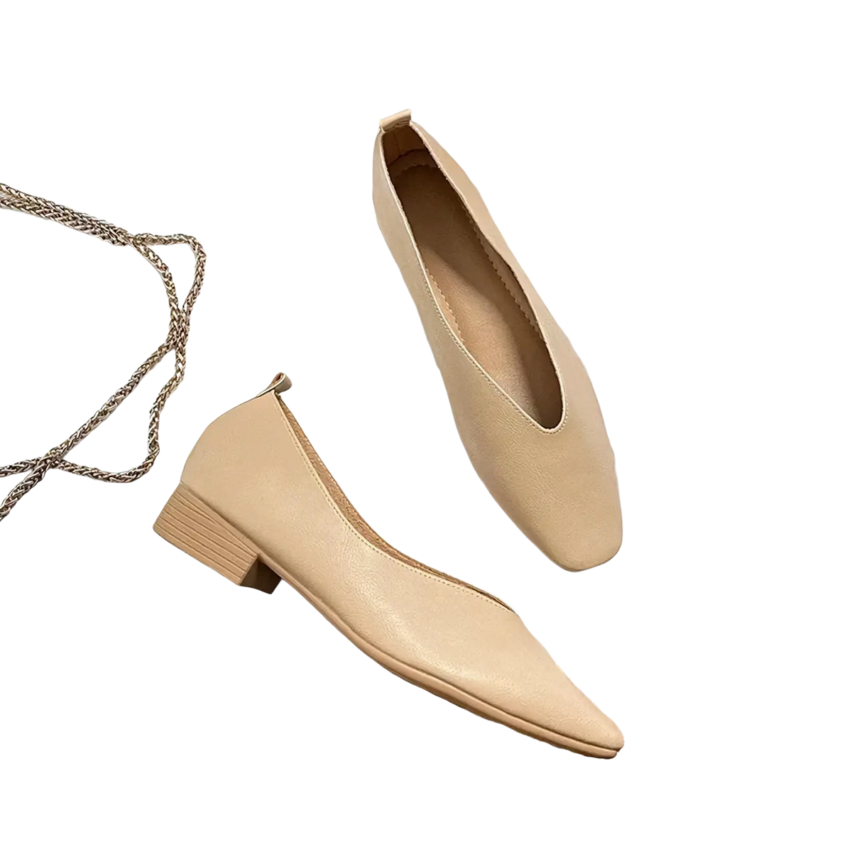 Beige leather loafers with low block heel and pointed toe slip on casual low heel flat shoes for women