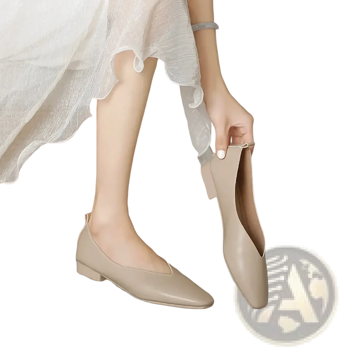 Beige leather flat shoes for women with pointed toe slip on design and low casual heel