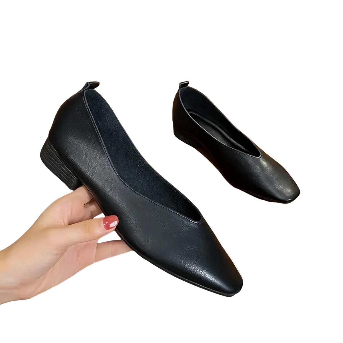 Black leather loafers with a sleek minimalist design and low block heel for casual slip on wear women shoes