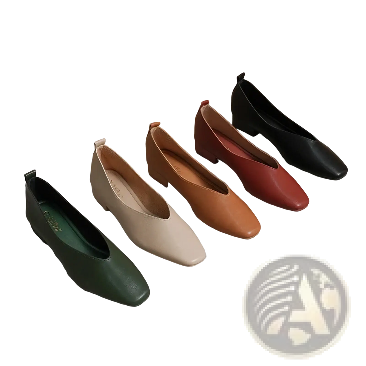 A collection of leather flat shoes for women with square toes and low block heels in earthy tones for casual wear