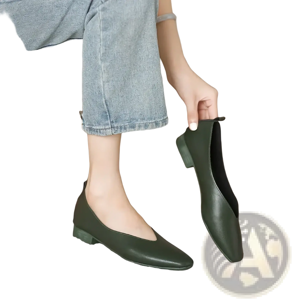 Dark green leather flat shoes for women with pointed toe slip on design and low block heel for casual wear