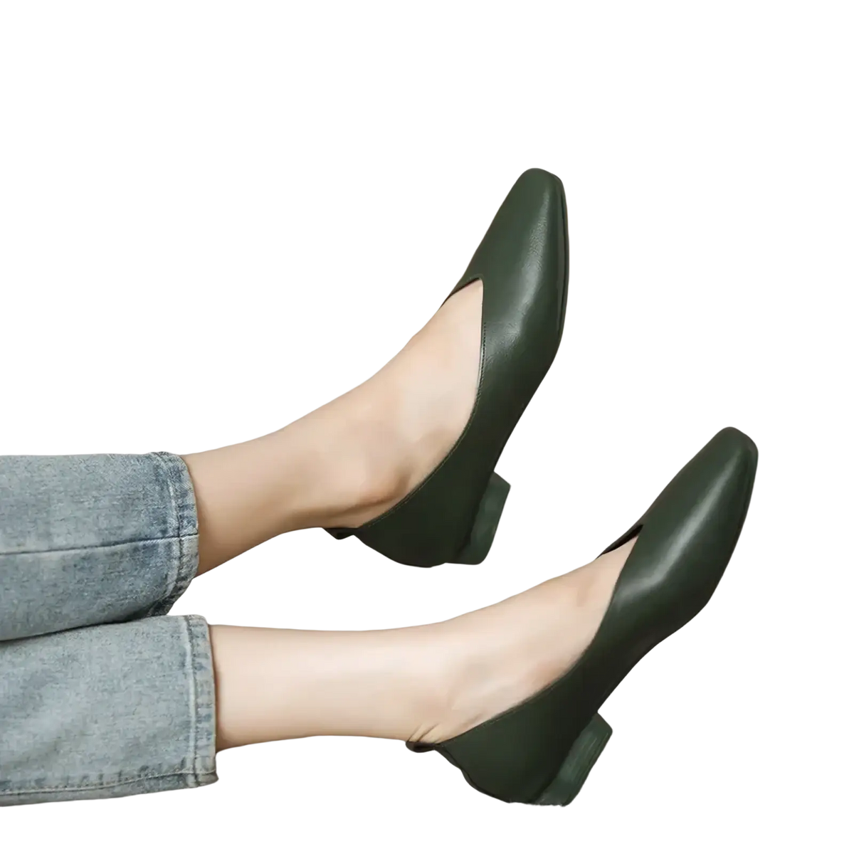 Dark green leather flat shoes for women slip on with a sleek minimalist design and low block heels for casual wear