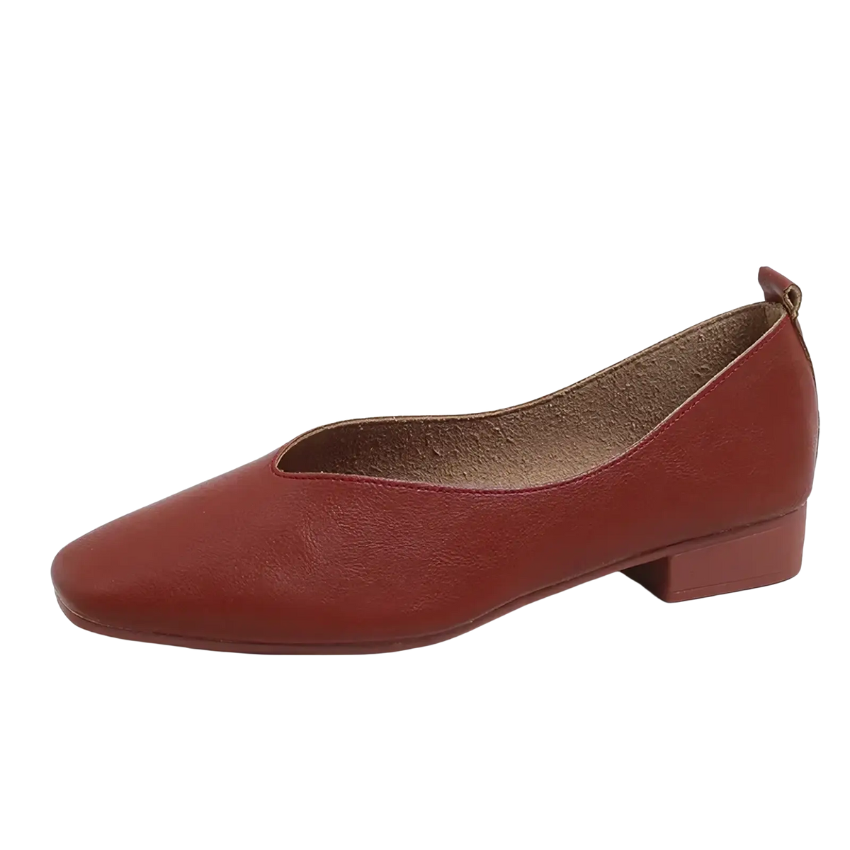 A sleek reddish-brown leather flat shoe for women with a pointed toe low block heel casual slip on design