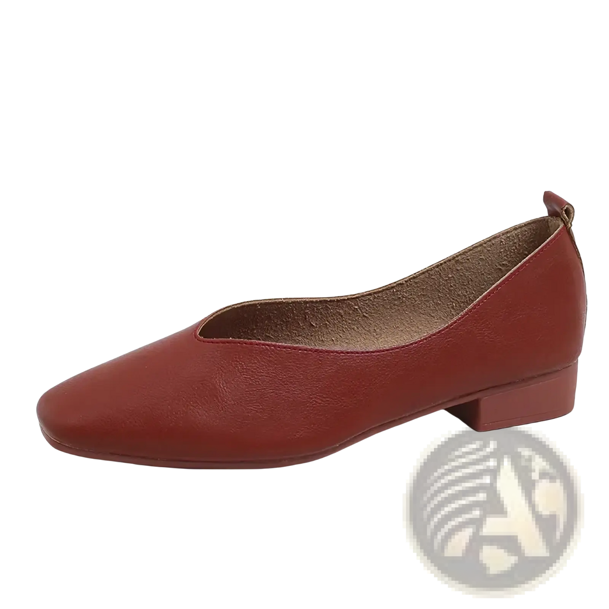 A sleek reddish-brown leather flat shoe for women with a pointed toe low block heel casual slip on design