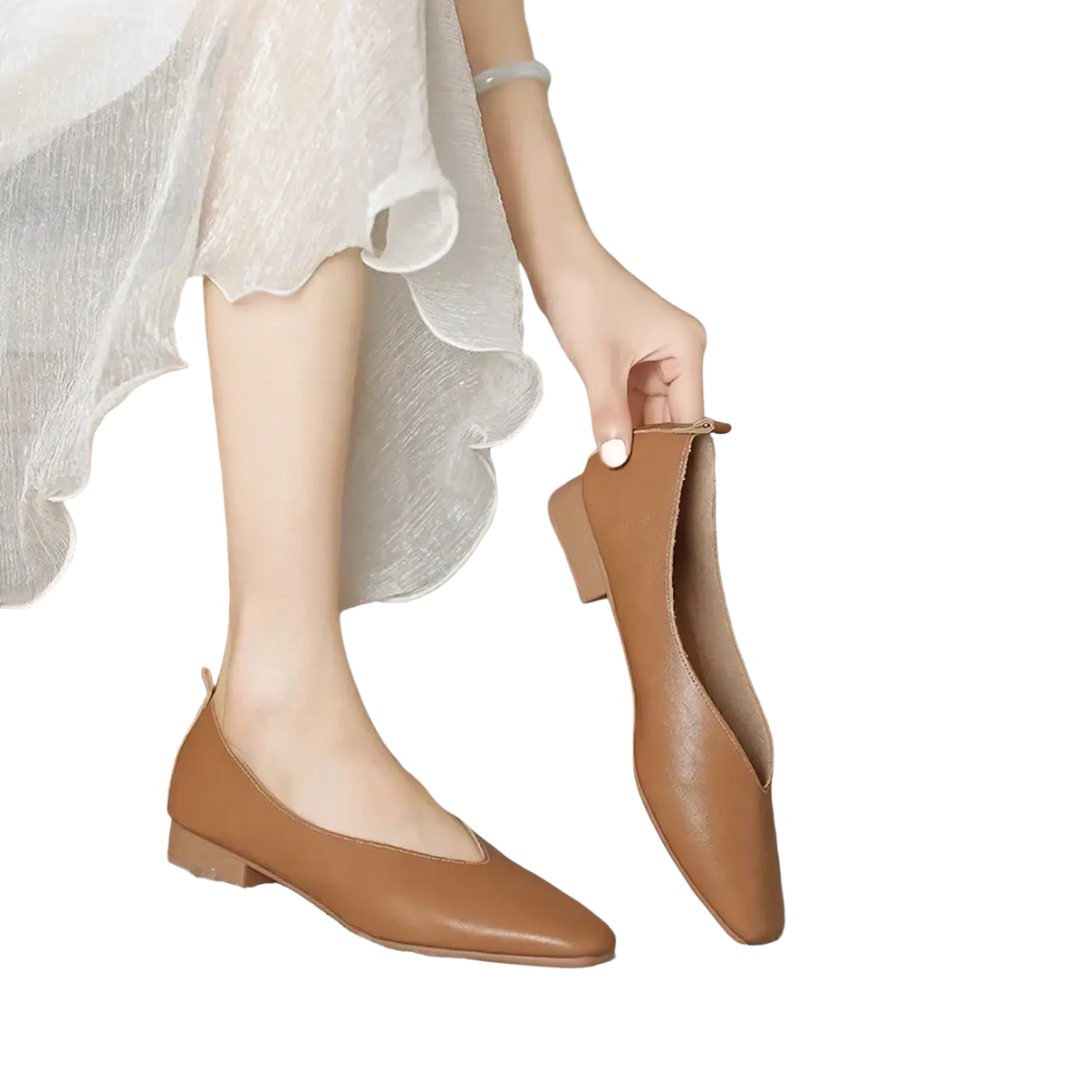 Tan leather flat shoes for women with pointed toe slip on design and low heel for casual wear