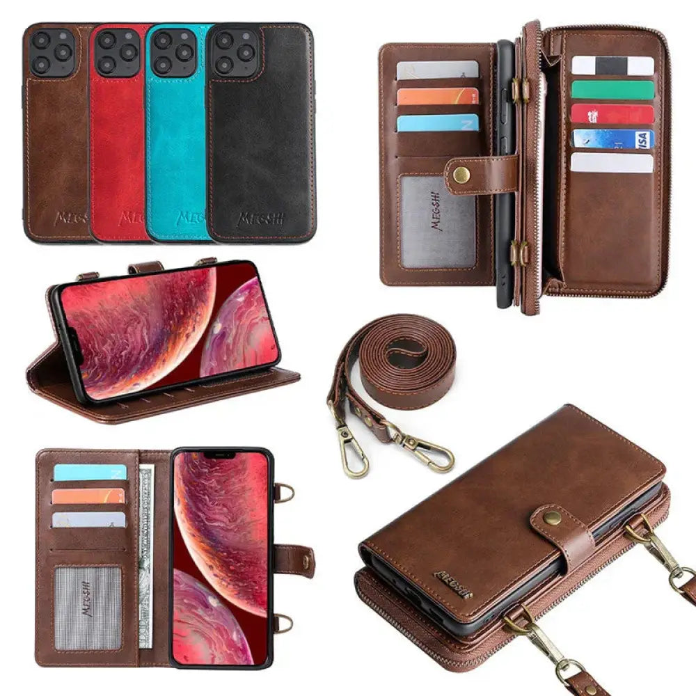 Brown leather samsung galaxy note zipper wallet case with multiple card slots and detachable strap with zipper closure