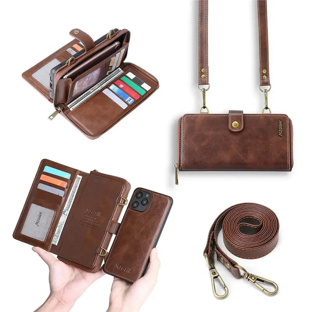 Brown leather samsung galaxy note wallet case with zippered compartments card slots and detachable shoulder strap
