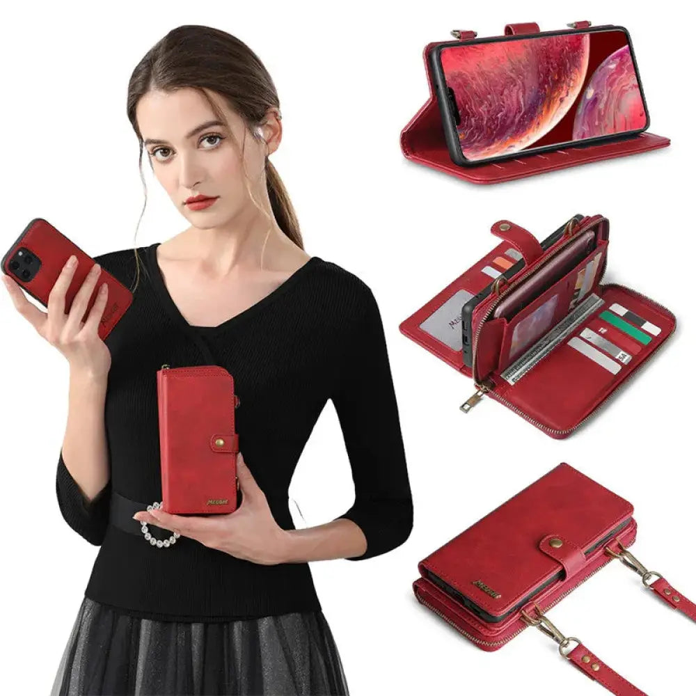 Red leather Samsung Galaxy Note wallet case with zippered compartments and detachable strap for secure storage