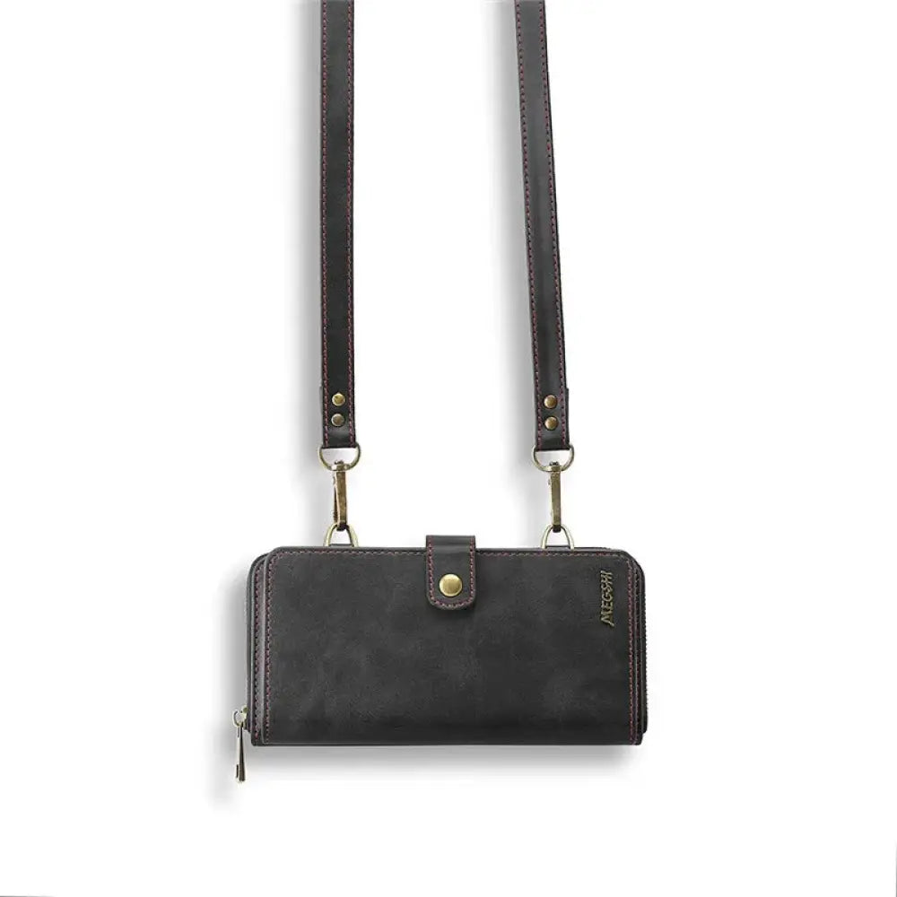 Dark brown leather Samsung Galaxy Note crossbody phone case with textured finish and gold-tone hardware accents