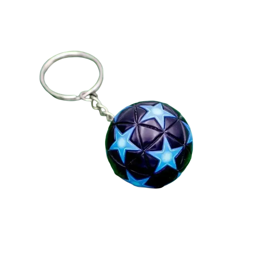 Black spherical leather football keychain with glowing blue star patterns and silver metal ring sports souvenir pendant