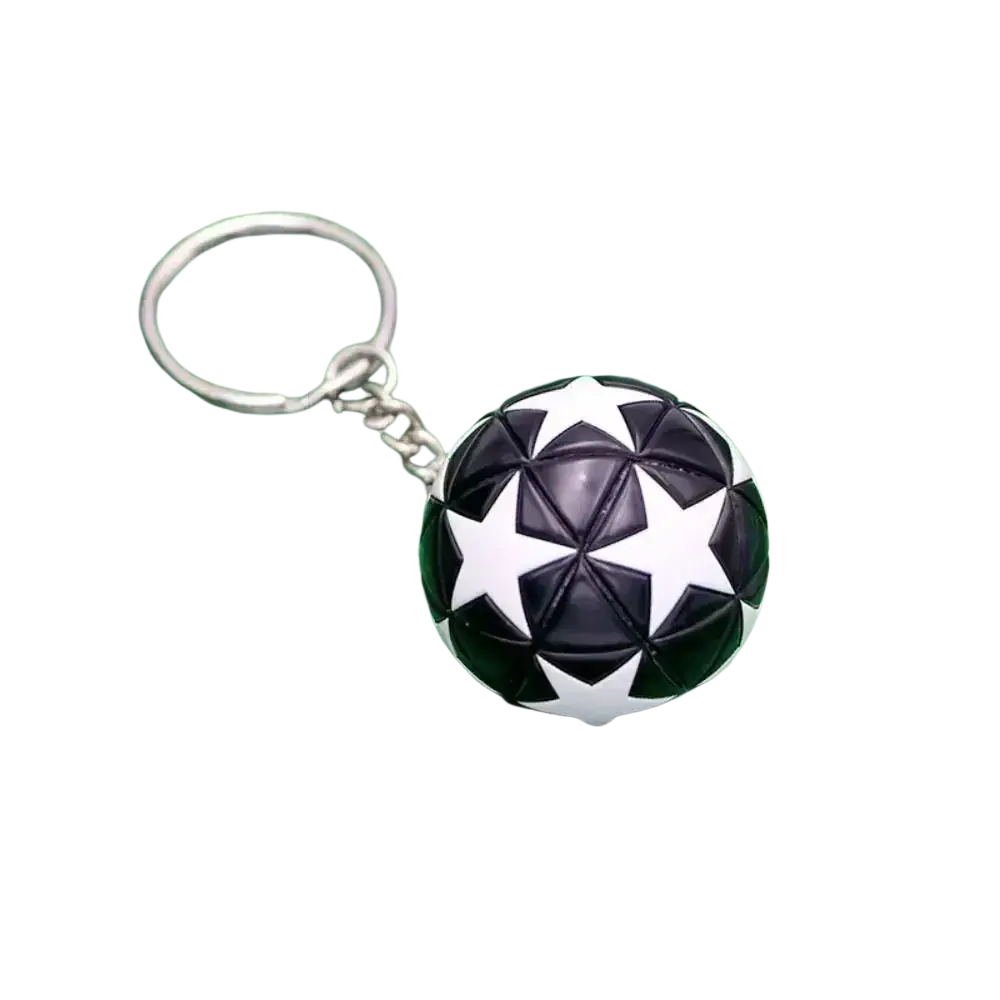 Black and white leather football keychain with geometric star pattern designed as a sports souvenir pendant