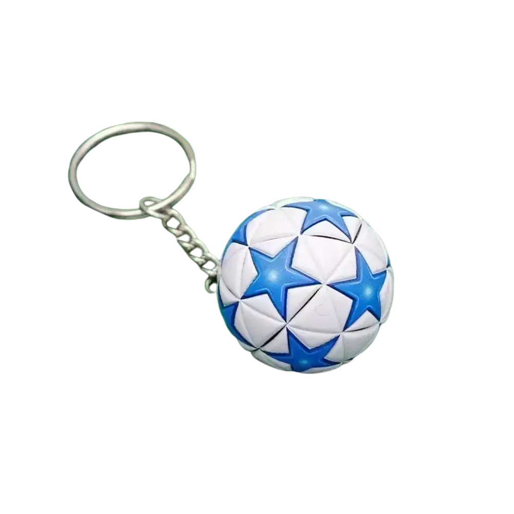 Leather football keychain sports souvenir pendant featuring a blue and white soccer ball with a silver metal ring and chain