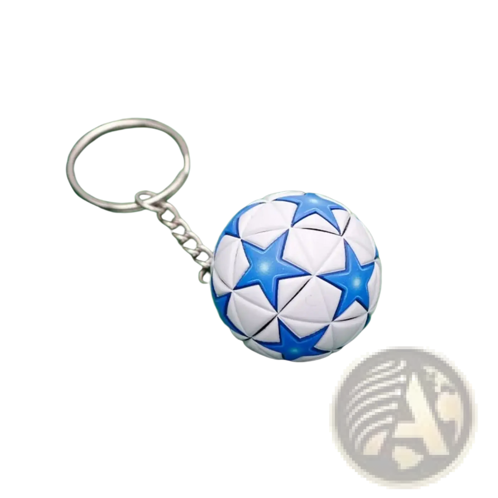 Leather football keychain featuring a blue and white soccer ball pendant with silver metal ring and chain