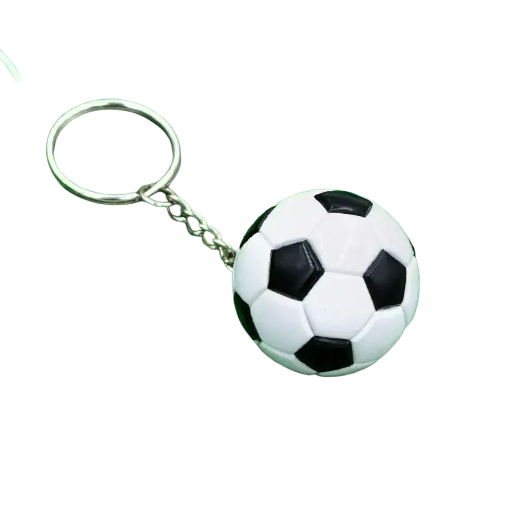Leather football keychain featuring a classic black and white soccer ball pendant with a silver metal ring and chain