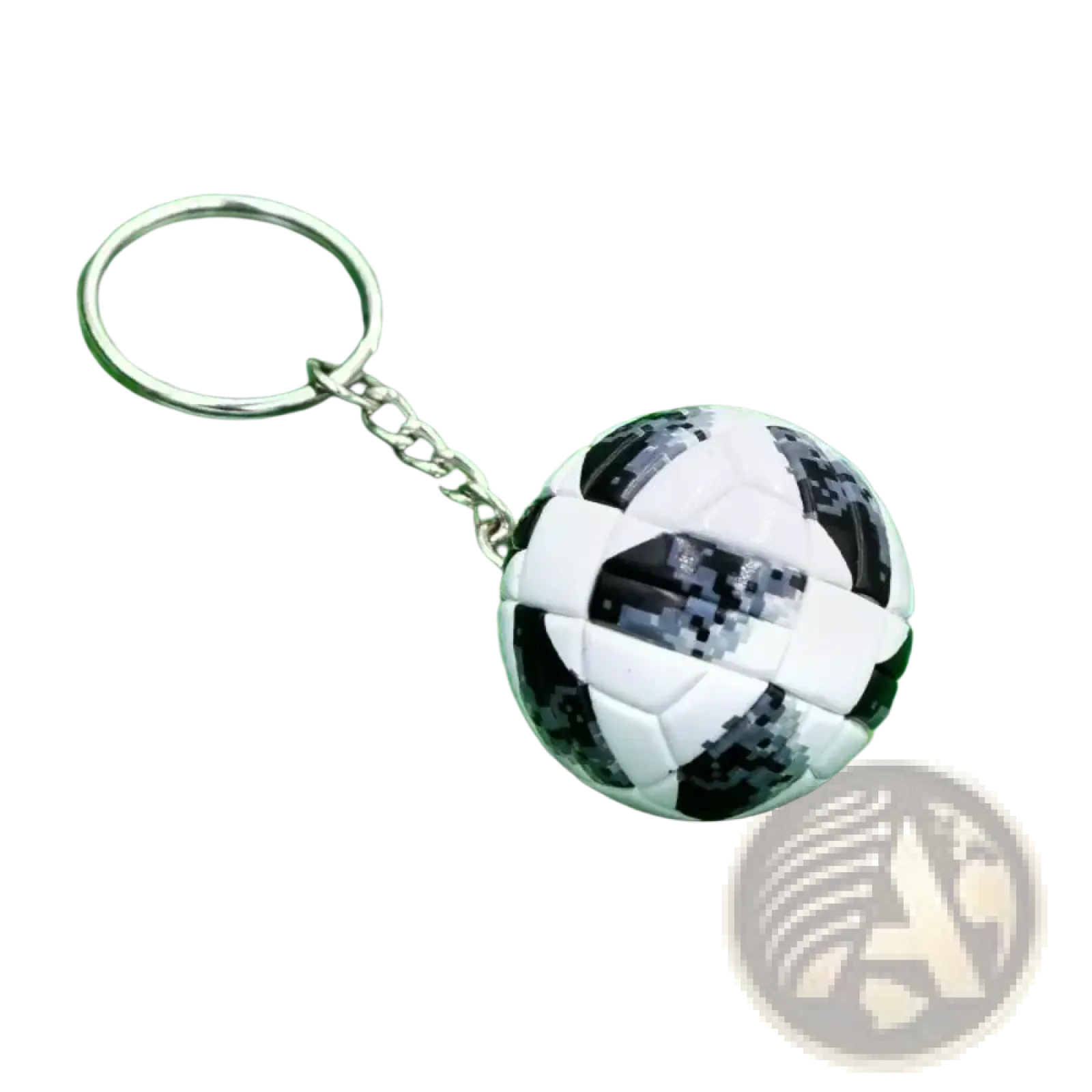 Leather football keychain with black and white pixelated soccer ball design and silver metal ring and chain sports souvenir pendant