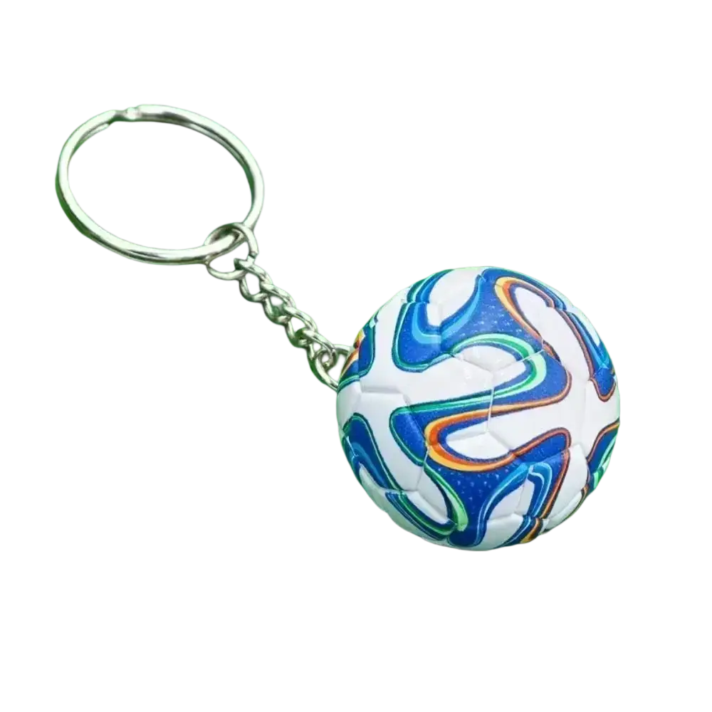 Leather football keychain featuring a miniature white soccer ball with vibrant blue green and orange swirling patterns