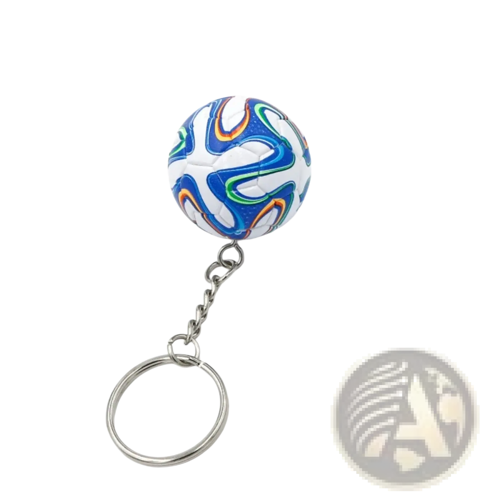 Leather football keychain miniature soccer ball with white base blue and green swirls and orange trim sports souvenir pendant
