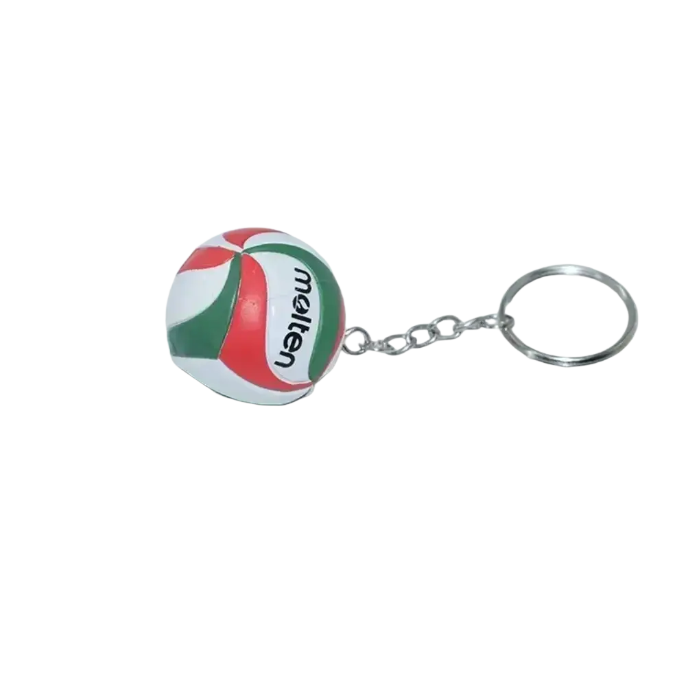 Leather football keychain sports souvenir pendant featuring a red white and green mollen volleyball with silver chain and ring