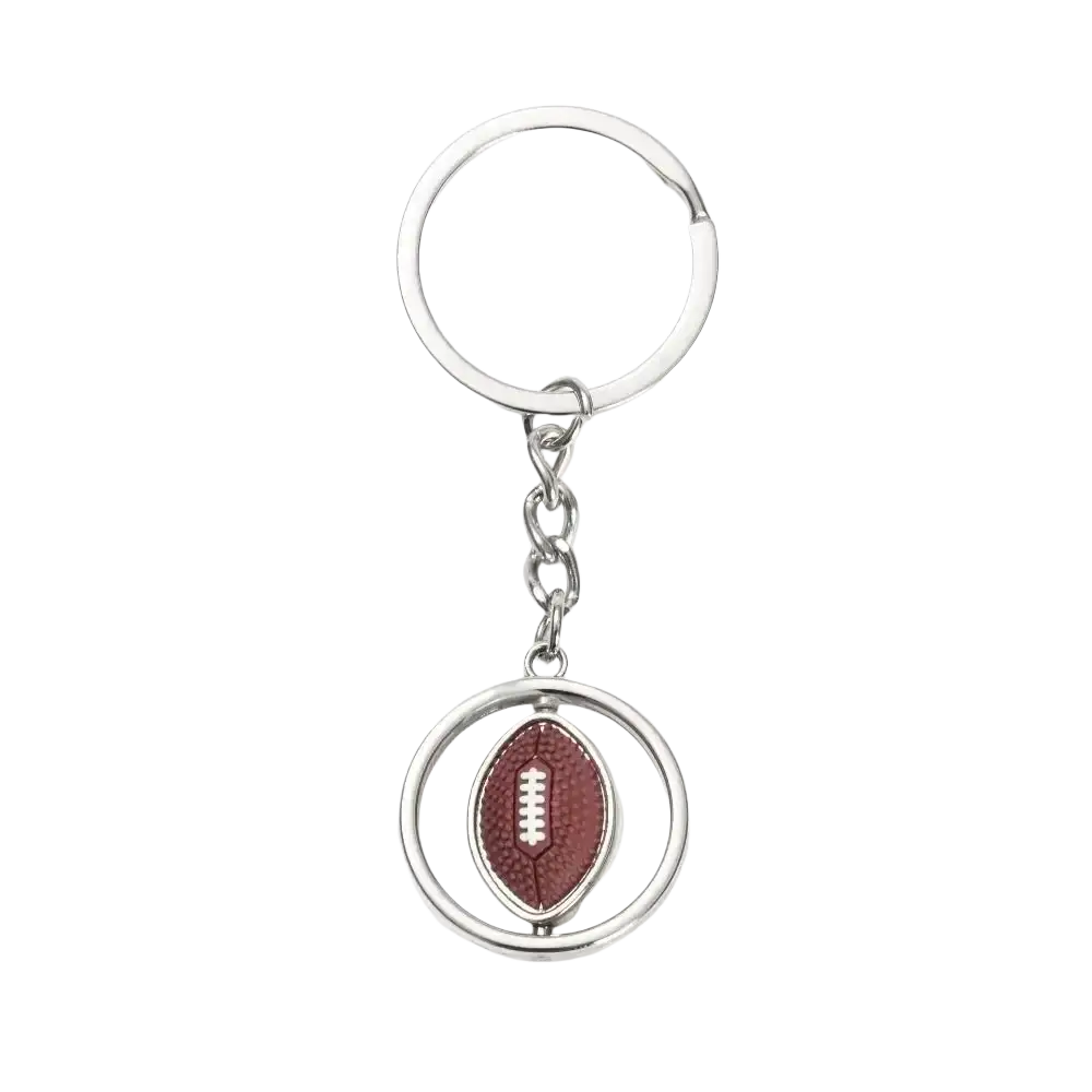 Silver leather football keychain with rotating circular design and detailed brown leather textured ball with white laces