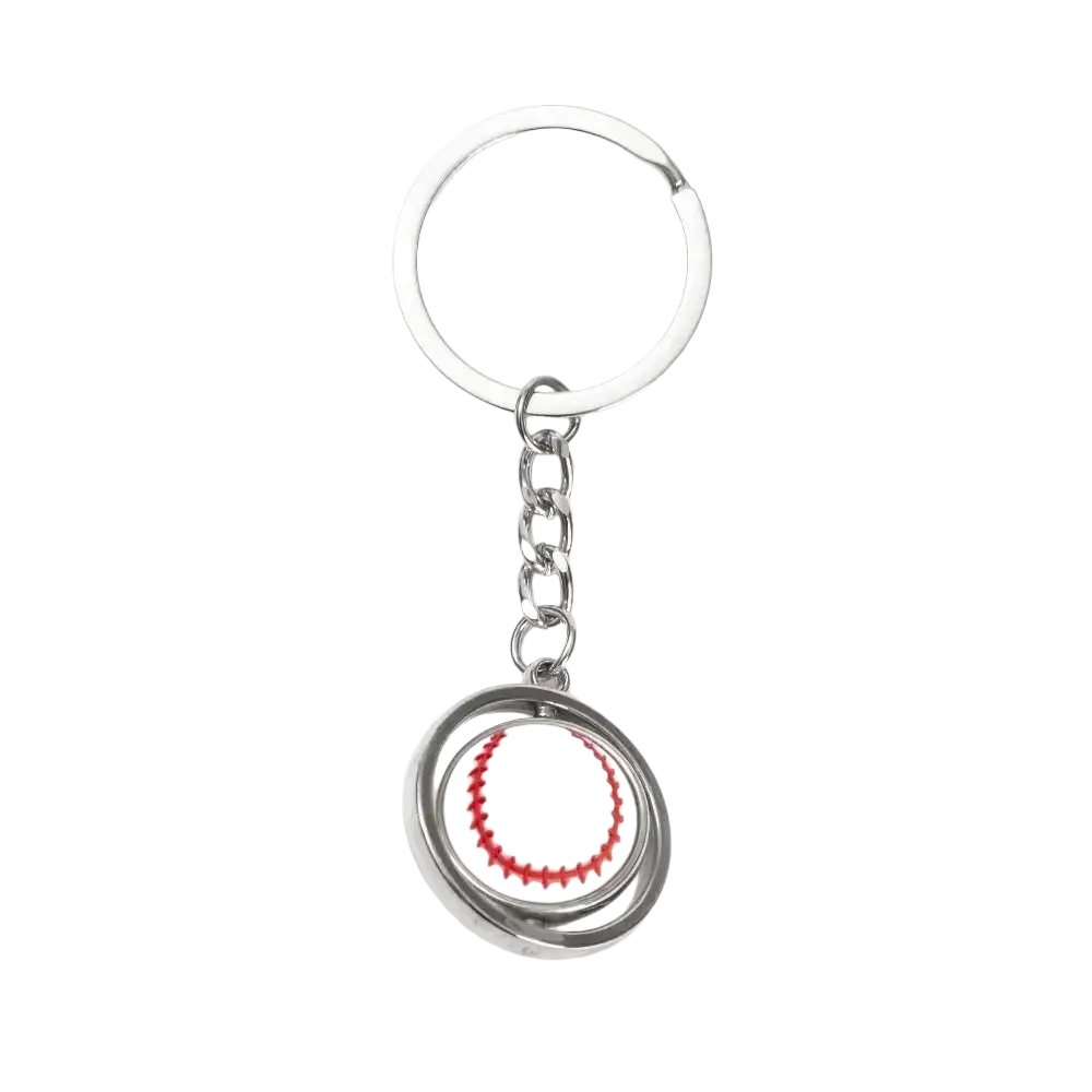 Silver leather football keychain with rotating white and red stitched baseball charm encased in a metallic ring