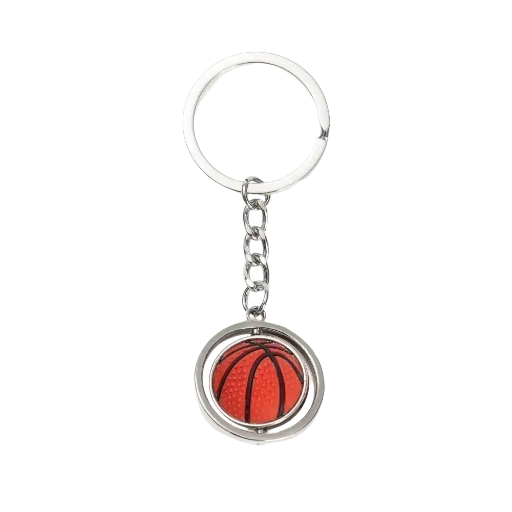 Silver basketball-themed keychain with rotating orange ball in circular metal frame leather football sports souvenir pendant