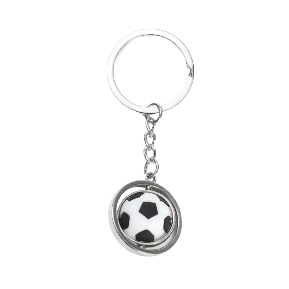 Silver leather football keychain with rotating design and classic black and white soccer ball pattern sports souvenir pendant