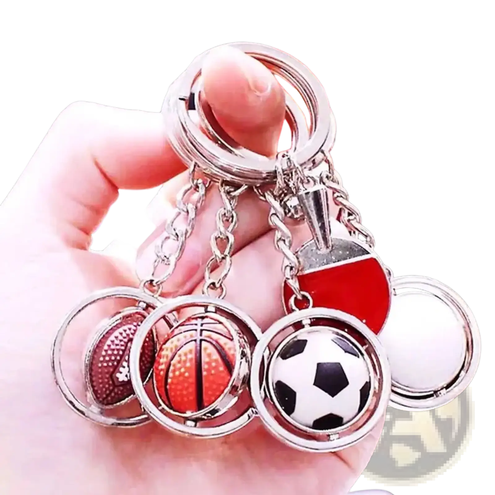 Silver-toned leather football keychain with rotating basketball soccer ball and ping pong paddle sports charms