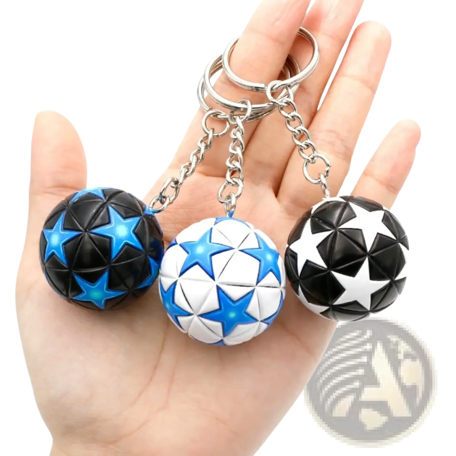 Leather football keychain sports souvenir pendant in black white and blue star-patterned spherical design with metallic chain