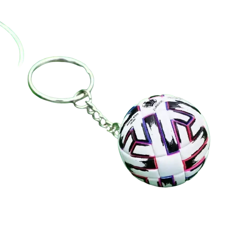 Leather football keychain sports souvenir pendant featuring a white black and pink miniature soccer ball with silver chain