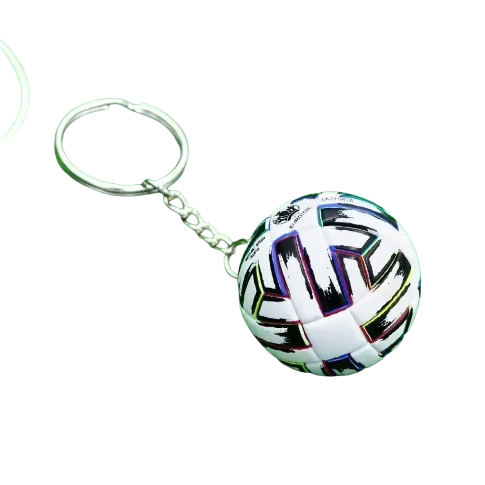 Leather football keychain featuring a white and black soccer ball with purple yellow and green accents sports souvenir pendant