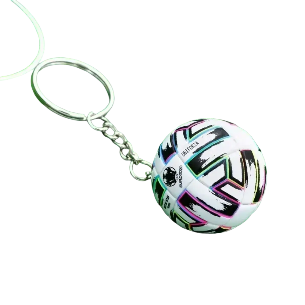 Leather football keychain featuring a white soccer ball with black and pink geometric euro 2020 branding pendant