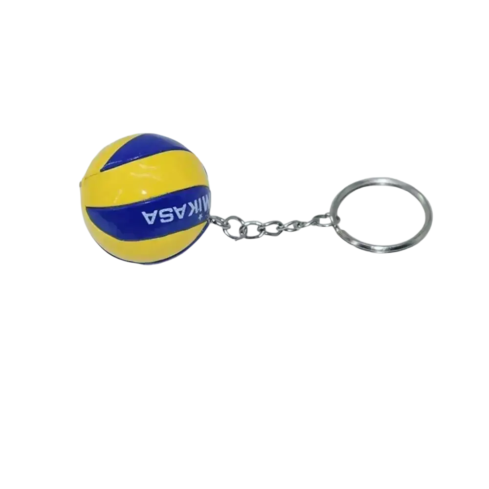 Leather football keychain sports souvenir pendant featuring yellow and blue mikasa volleyball with silver chain and ring
