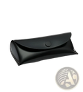 Black leather glasses case with a single button closure included in a microfiber cleaning set
