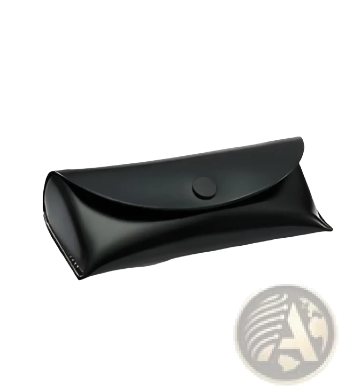 Black leather glasses case with a single button closure included in a microfiber cleaning set