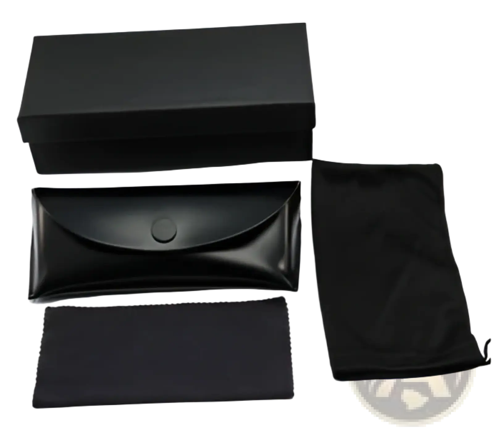 Black leather glasses case with a sleek minimalist design and subtle metallic clasp included in microfiber set