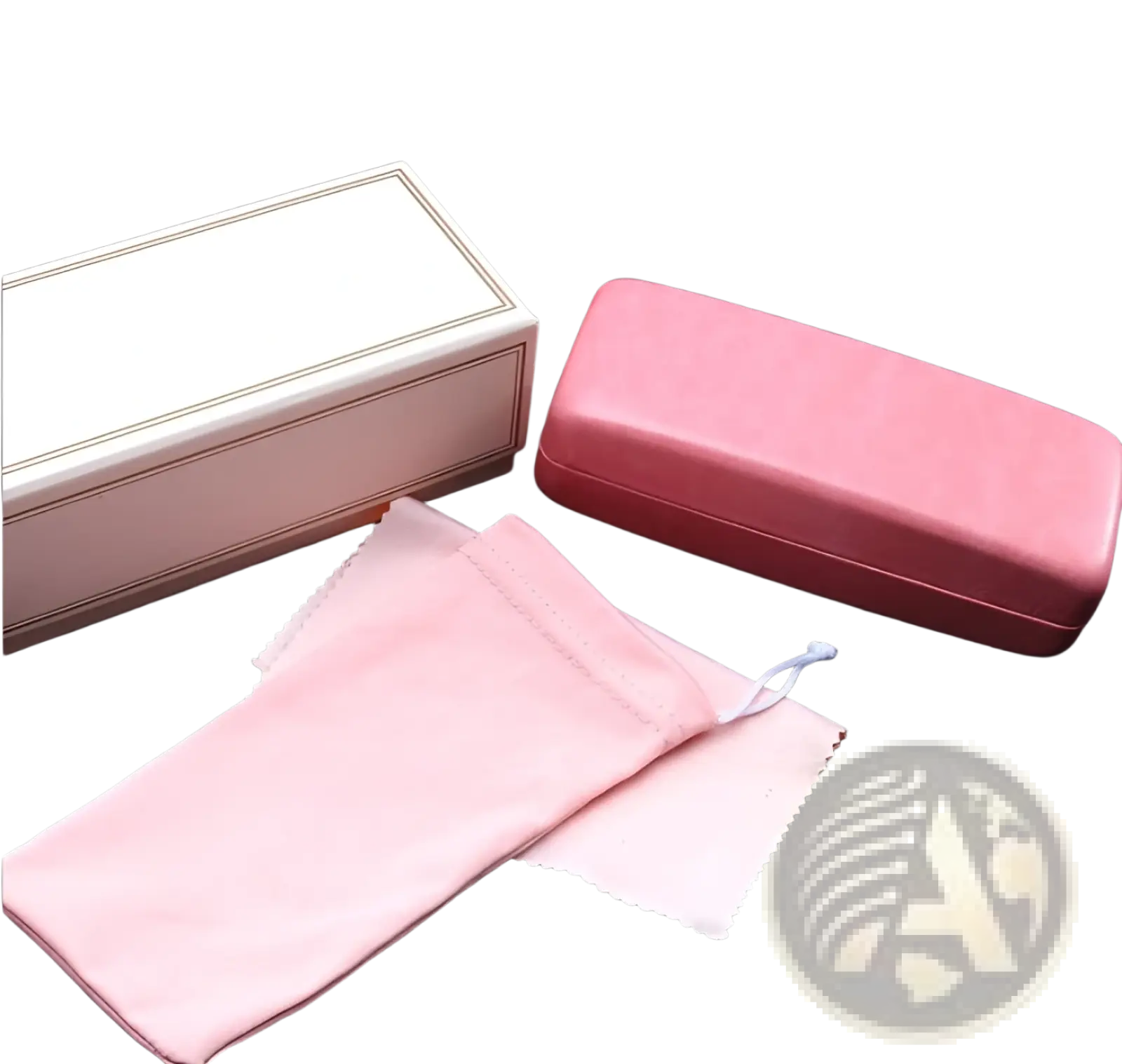 Pink leather glasses case with matching microfiber cleaning cloth and white gift box for eyeglass care