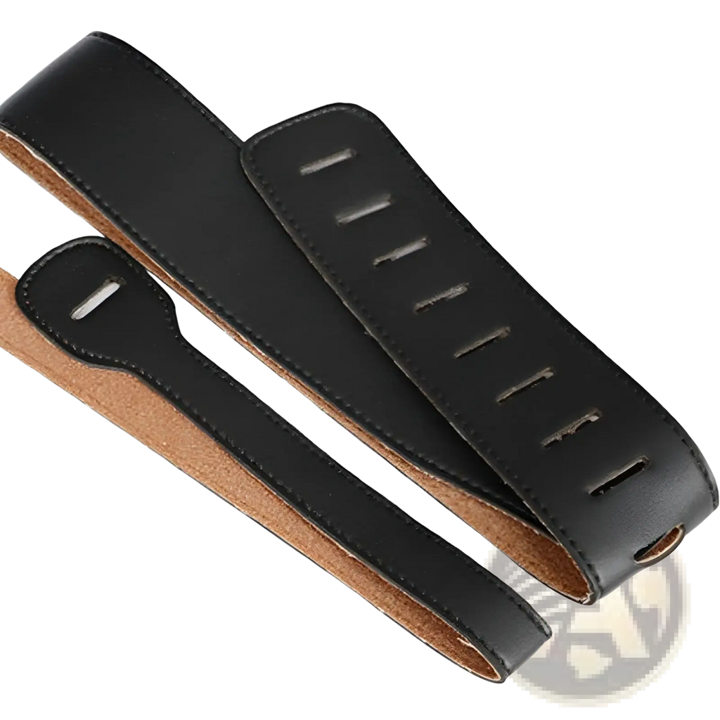 Black leather guitar strap with smooth stitched finish and tan suede lining adjustable 110-130cm length